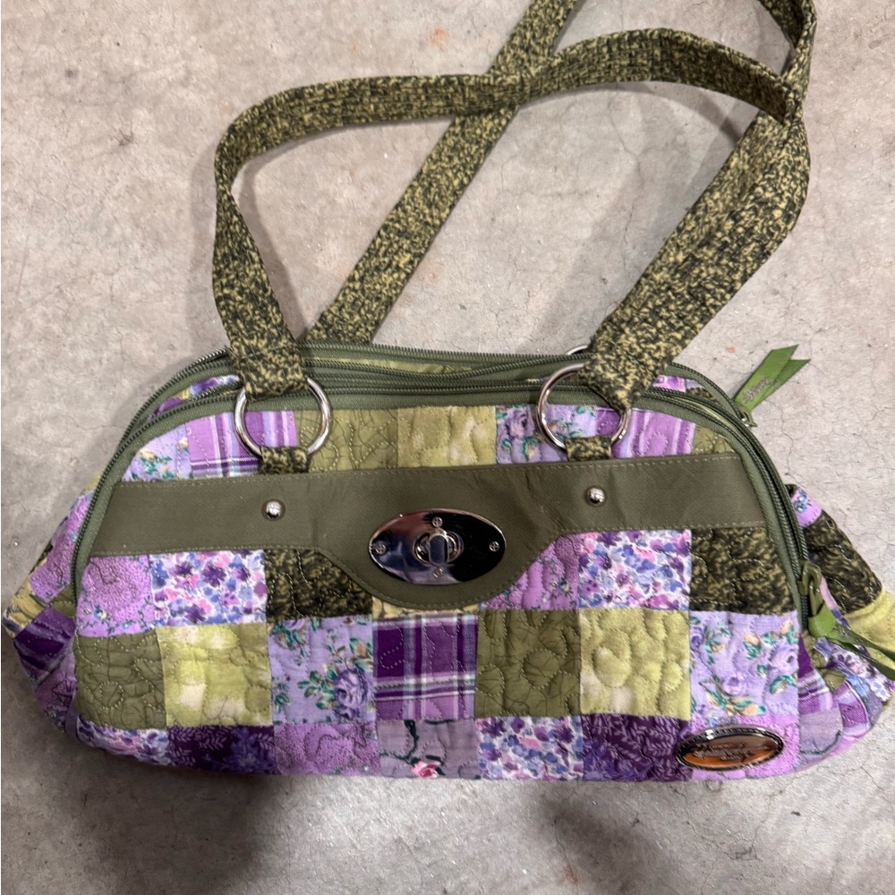 Purple and Green Patchwork Shoulder Bag with Olive Strap